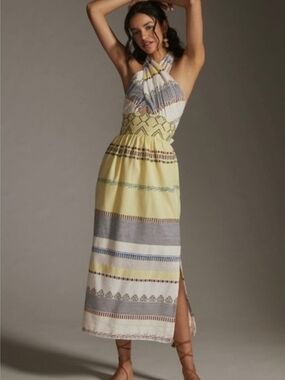 Anthropologie  Verb Striped Halter Maxi Dress in Yellow and Gray